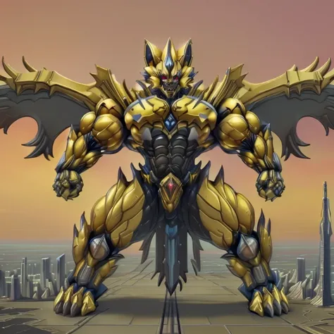 (ZERAORA, 8K)
(Zeraoras titanic robot, Powered exoskeleton with the same design as Zeraora, muscular and massive)
(Masterpiece, ultra-highres)
(Immensely detailed full-body view, defined head, chest, arms, legs, and tail, hyper-defined abs with golden hues...