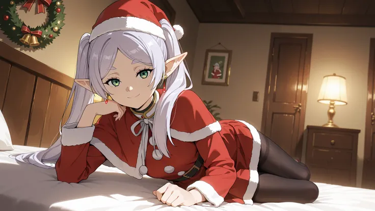 (masterpiece), best quality, absurdres, very aesthetic, looking at the viewer, nice hands, 1 girl,zzFrieren, long hair, smile, twintails, green eyes, grey hair, pointy ears, elf, zzFrieren, long hair, twintails, green eyes, grey hair, pointy ears, elf, sh...