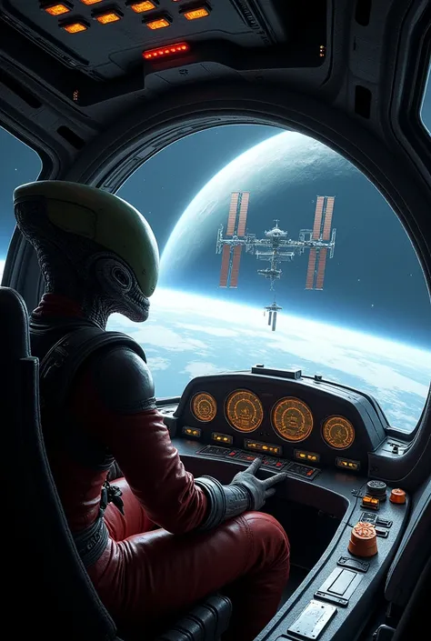 A realistic alien spaceship cockpit with an alien pilot preparing for an attack, featuring a clear view of Earth and the International Space Station in front. The cockpit is filled with advanced alien technology, glowing controls, and a starry background, ...