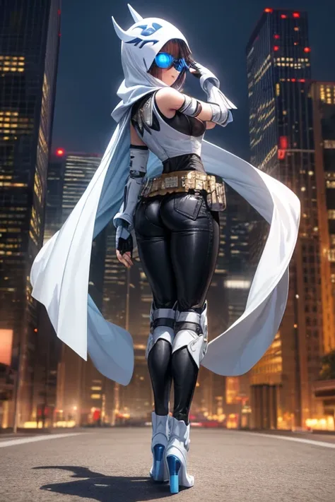 ((best quality)), ((masterpiece)), (detailed), 1 girl, standing on a building, full body, 19 years old, masked, white mask covering his entire head and hair, 3d glasses, blue eyes, black face mask, no hair, tall and slender, black fingerless gloves, white ...