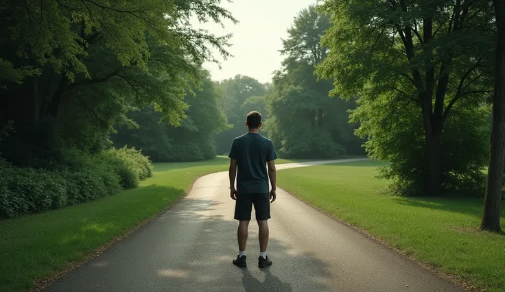 A realistic photograph of the man standing at a crossroads in a park, with two paths diverging. One path is well-paved and brightly lit, while the other is overgrown and shadowy. He appears hesitant, symbolizing the brains preference for the path of least ...