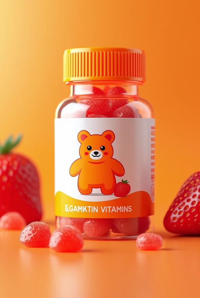 Could you create me a mini bottle of gummies with vitamin C with a strawberry flavor
The logo is an orange plush toy and the cap is orange.
