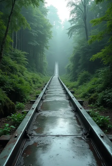 A large metallic trail with a forest background from the perspective of the beginning of the thick trail and almost no forest
