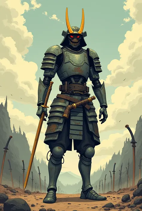 A full body image of a samurai robot,slim body,old armor,classic samurai armor,oni mask, half-human,  carrying a katana, long golden katana. made with anime lines, samurai robot white armor, background field that alot of people die, open chest robot, damag...