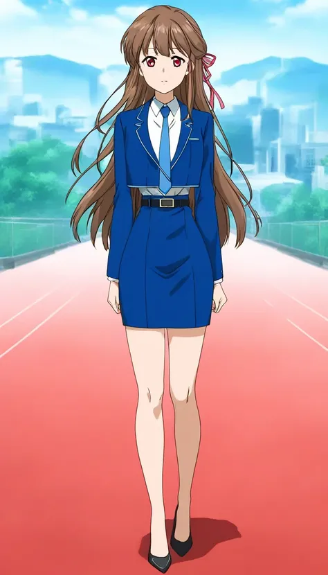  long hair,  brown hair, bangs、ribbon、 red eyes, full body style that reflects your whole body、Normal milk、 narrow waist 、Bare legs、 in a suit、 blue jacket , collared shirt 、 white shirt、 blue tie,belt, blue mini pencil skirt、 black high heel pumps 、Anime ...