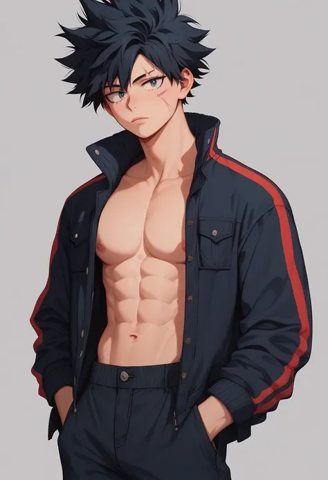 My hero academia, Athletic teenager, lean build. short, spiky black hair, sharp, dark grey eyes. a small scar on his left eyebrow, U.A. High  with a custom blue and black jacket over it.