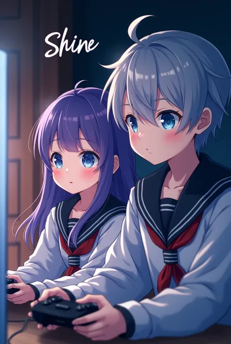 "A vibrant anime-style book cover featuring a gray-haired Japanese protagonist, a genius gamer, sitting next to his adorable younger sister with long purple hair. Both are dressed in traditional Japanese school uniforms and holding gaming controllers, full...