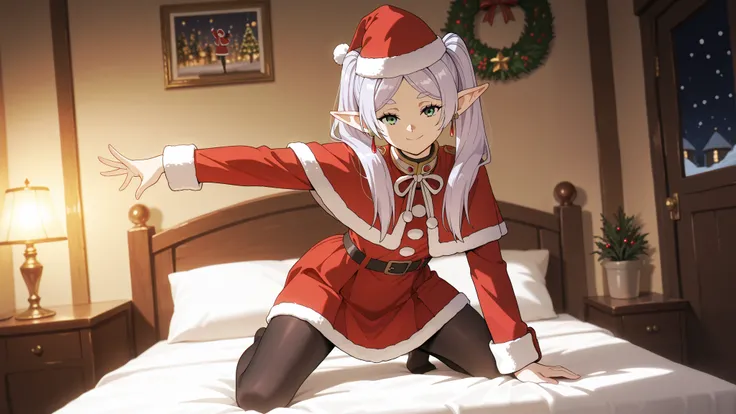(masterpiece), best quality, absurdres, very aesthetic, looking at the viewer, nice hands, 1 girl,zzFrieren, long hair, smile, twintails, green eyes, grey hair, pointy ears, elf, zzFrieren, long hair, twintails, green eyes, grey hair, pointy ears, elf, sh...