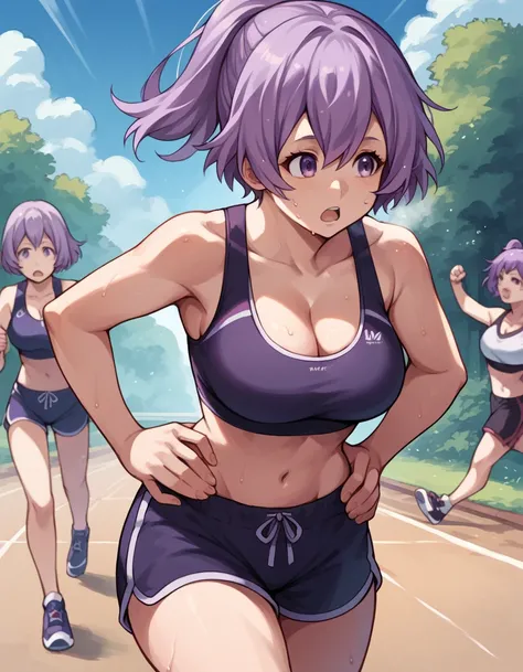 score_9, score_8_up, score_7_up, source_anime, shihoru, short hair, purple hair, purple eyes, large breasts, dolphin shorts, shorts,, outdoors, running, sweat, open mouth, sports bra, cleavage, navel, midriff, ponytail,, , cowboy shot, out of breath, hands...