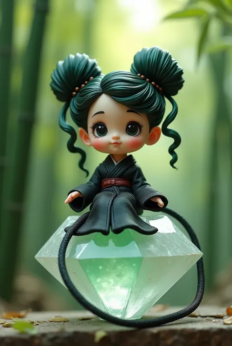 Baby chibi wearing black geisha long rope sitting on a white green crystal diamond, bamboo trees background, black green rockabilly hair, victory rolls and 2 buns, long curly volume hair