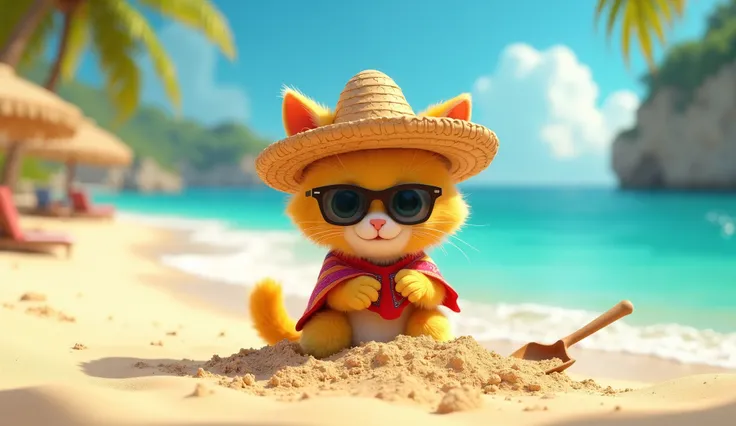 "Create a 3D Pixar-style image of an adorable, fluffy yellow baby cat dressed in a tiny Mexican straw hat, sunglasses, and a colorful beach poncho, playing on the sandy shores of a Mexican beach. The baby cat is building a sandcastle with a shovel, with th...