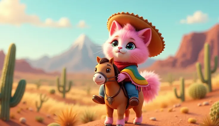 "Create a 3D Pixar-style image of an adorable, fluffy pink baby cat dressed in a small Mexican cowboy hat, a colorful poncho, and tiny boots, riding a horse through the countryside. The baby cat is holding the reins with excitement, gazing at the wide-open...