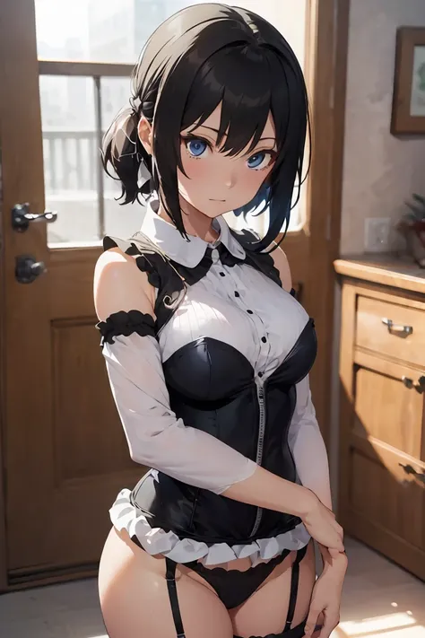 shizune,
BREAK (hair ribbon, frilled collar, brooch, one-piece tan, breastless clothes, detached sleeves, corset, frills, heart cutout, micro panties, bridal garter, high heels:1.2),
BREAK breasts on head, breast rest, breast press, looking down, age diffe...