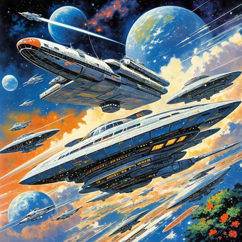 Space Station, Shigeru Komatsuzaki art, Science fiction illustrations, Retro-future. Sci-fi illustrations by Shigeru Komatsuzaki, Impressive retro-future Space Station, galaxy, Distant nebulae, Package art, like Thunderbirds, Picture story, Inspired by Shi...