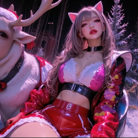 Cat ears、Miniskirt Santa Outfit、  attractive,desire, Obscene, Mature Woman, Captivating body lines , ((  fine facial features ,   open your mouth, eroticism)),  dramatic lighting  ,  realistic , 8k, Cinematic Composition , dark moody vibe ,  Dramatic Shado...