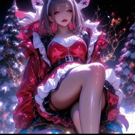 Cat ears、Miniskirt Santa Outfit、  attractive,desire, Obscene, Mature Woman, Captivating body lines , ((  fine facial features ,   open your mouth, eroticism)),  dramatic lighting  ,  realistic , 8k, Cinematic Composition , dark moody vibe ,  Dramatic Shado...