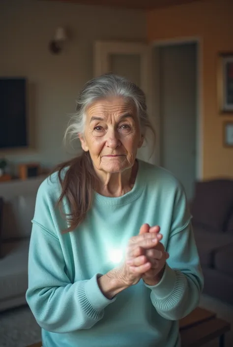 An elderly woman and Jesus holding hands in a LIVING ROOM. The woman is wearing a light blue sweater. She is brunette with a long hair tied in a pony tail and her wrinkled face reveals her advanced age. She looks compassioned at the camera. Around here the...