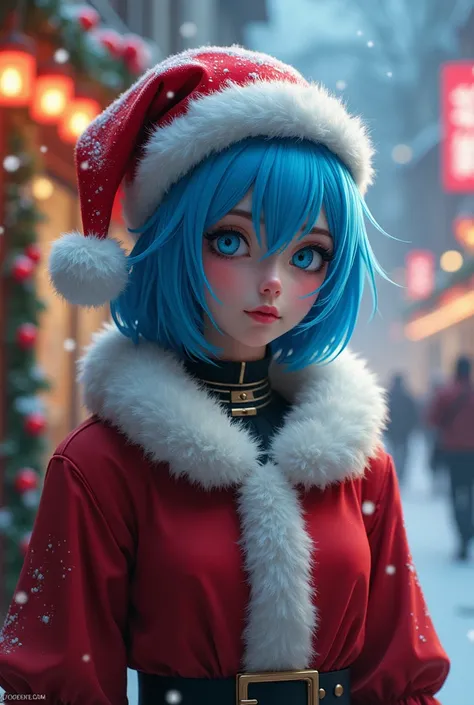 araffe dressed as a santa claus with blue hair and a santa hat, cyberpunk art inspired by rossdraws, trending on Artstation, fantasy art, extremely detailed artgerm, 8k artgerm bokeh, ig model | artgerm, artgerm and lois van baarle, artgerm greg rutkowski ...