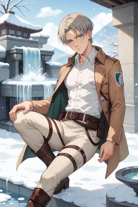 「 ATTACK ON TITAN ，male， Levi Ackerman ， center part ， blue eyes， cool， white cravat ， white shirt，Overall belt ， survey corps jacket 、 Evergreen cloak of the Survey Corps， underwear belt ， underwear pants and belt ，Long Boots，」+「 Senran Kagura，woman，Snow ...