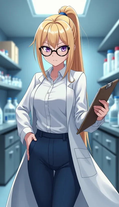 Girl anime,  light blond hair, lilac eyes, strong body, angry, glasses, scientists coat, white blouse, dark blue pants, hair completely tied up, combed back , holding a clipboard, doughunt hair bun, [[[ high quality ]]][[[tall details ]]] Ultra HD,  high r...