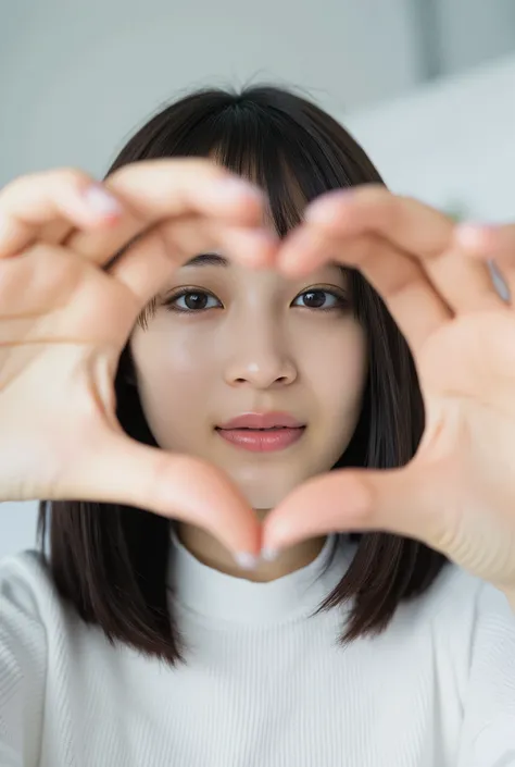  smile making a heart shape with hands:2.0、 (Ultra-precise human anatomy ,  top quality、 RAW photo、8k、32K、  Masterpiece 、 realistic 、 photorealistic:1.37)、Cute Japanese women images、 tank top in front of urinal、 Shot in natural light、 upper body、 1 girl、Ph...