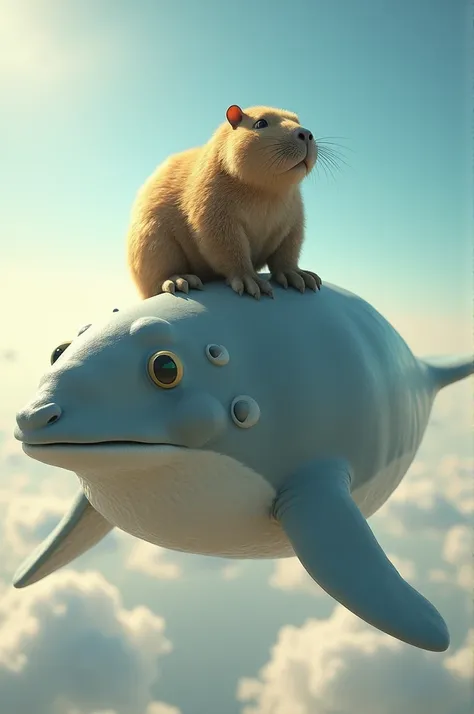 Create a capybara on top of a flying Terrex like a whale in the shape of a rat 