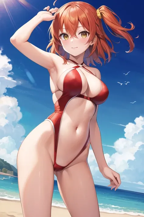 Fujimaru Ritsuka,short hair,orange hair,ahoge,((one side up:1.2)),hair between eyes,bangs,yellow hair scrunchie,yellow eyes,medium breasts,
((red swimsuit high leg swimsuit,slingshot swimsuit,criss-cross halter,cleavage,navel)),
1girl,(is embarrassing,big ...