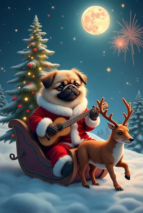   cute Pekingese Santa Claus with big anthropomorphic eyes ,    reindeer ,     the dog is having fun playing the flamenco guitar drawn on the sleigh    ,    On a starry night with fireworks flying above the clouds floating in the night sky  、  with full mo...