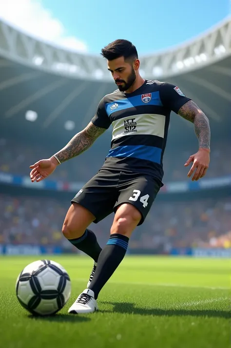 Create a 3D illustration featuring a realistic 34 year old handsome man, short black hair, trimmed beard, with tattoos kicking a soccer ball. The character must be wearing black shorts and a blue, white and black Grêmio team shirt and football boots. The b...