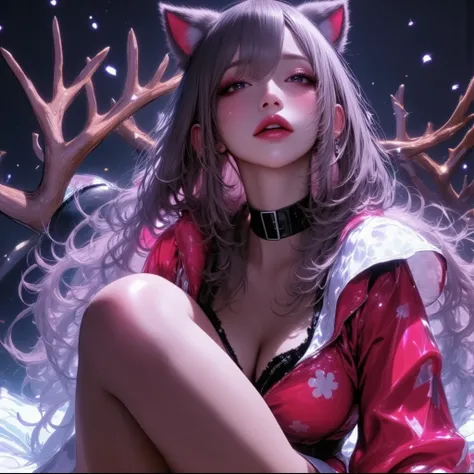 Cat ears、Miniskirt Santa Outfit、  attractive,desire, Obscene, Mature Woman, Captivating body lines , ((  fine facial features ,   open your mouth, eroticism)),  dramatic lighting  ,  realistic , 8k, Cinematic Composition , dark moody vibe ,  Dramatic Shado...