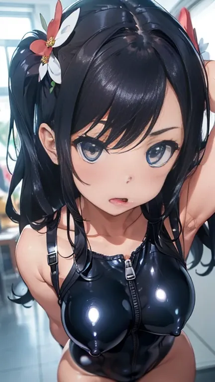 1 Female, black hair, ,((  impatient expression praying)), Beautiful breasts ,(((nsfw.Pull the front zipper of the sexy white and blue shiny white and blue bodysuit down to the crotch and open it fully)))((nsfw.Expose your nipples and pussy))(((blush、 surp...