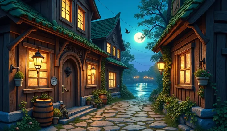  A narrow cartoon-style alley ,  located in a fantasy city on the banks of the Volga River .  The lane runs between ancient ones wooden houses , with roofs ,  covered with moss and broken tiles , adding comfort and an old cat.  The walls of the houses are ...