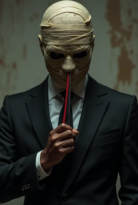 A black man wearing a mummy mask and wearing a black suit and red toothpick holding a knife 