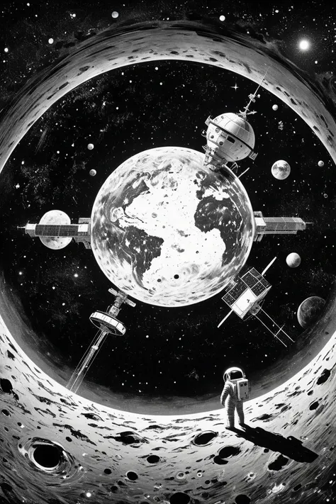 Crossing the Ocean of Space black and white photograph of a small round space station, 「No replies 」,Crossing the Ocean of Space ,   Space horror illustration , Black and white illustration, Solitude in the universe, William Stout  ,  The station looks int...