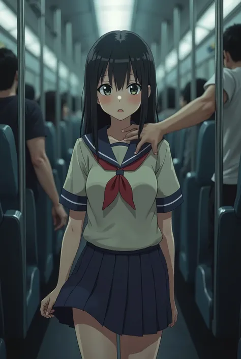 (  Japanese girl ),( simple Japanese face ),( curvy body),(  school uniform 、  High School Girl)  grabs her ass on a crowded train  、 pleated skirt 、 A pretty girl１people、((男が  High School Girlの尻を掴む))、(Molester)、 on the bus  、Blush、((( sexual behavior 、 er...