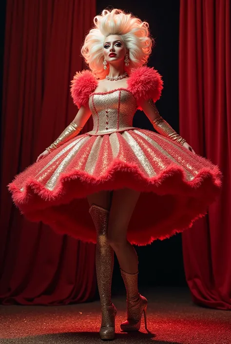  A drag queen wearing a circus-shaped dress filled with glitter ,  with her clown hair  ,a luxurious high heel  