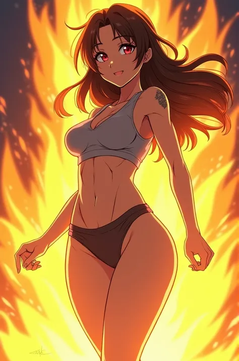 Anime girl, tan skin, long brown hair, middle parted bangs, cherry red eyes, small waist, somewhat have muscles, well-built legs, golden flames dancing atound beautifully, action pose