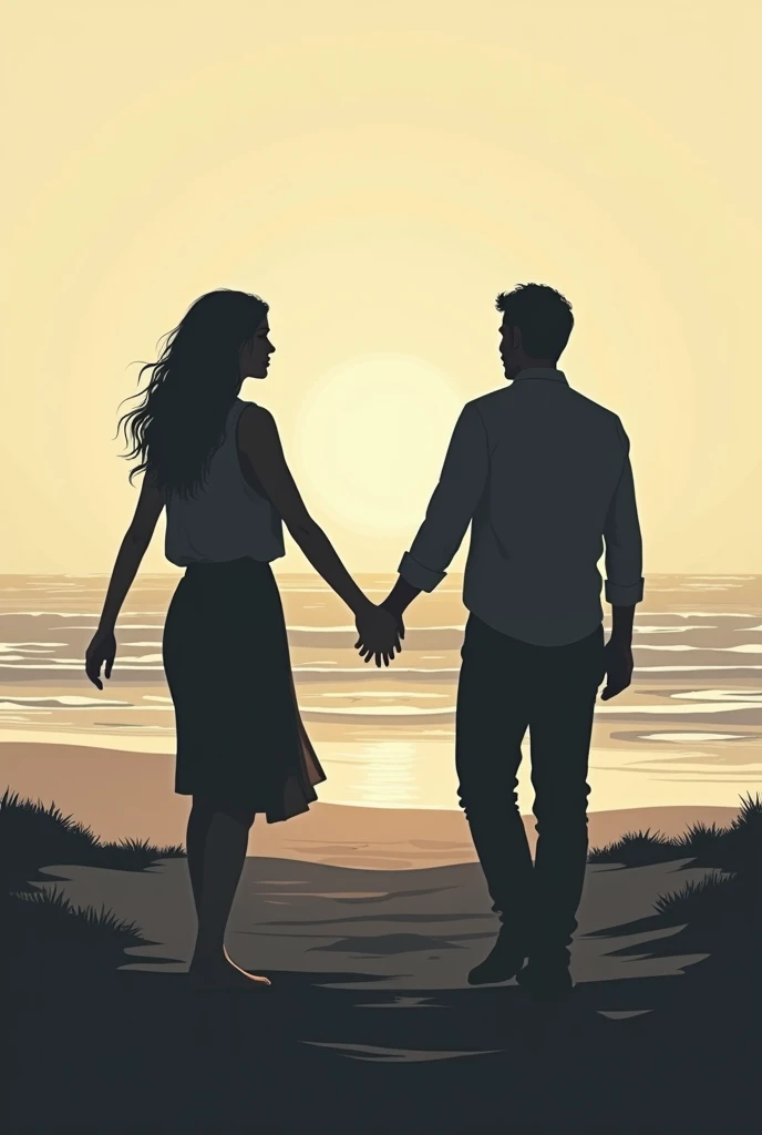 Silhouette of a woman from the side looking back and the silhouette of a distant man looking back on a California beach for a book cover
From different sides and as if they were going to go from place one to the right of the screen and the other to the lef...