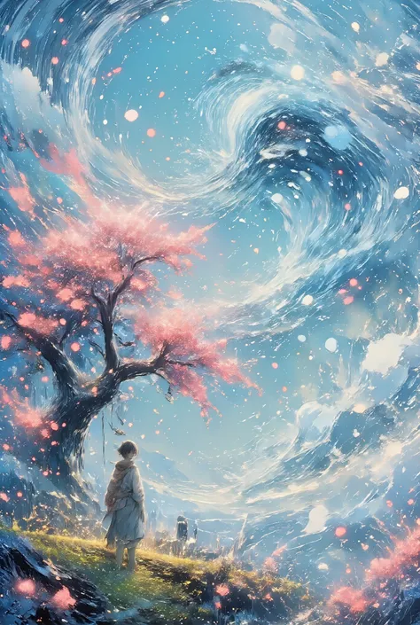 Silhouette of flying birds coming out of a cherry blossom, silhouette of the tree and birds , pink cherry blossom , cyan background and white clouds . beautiful minimalist image