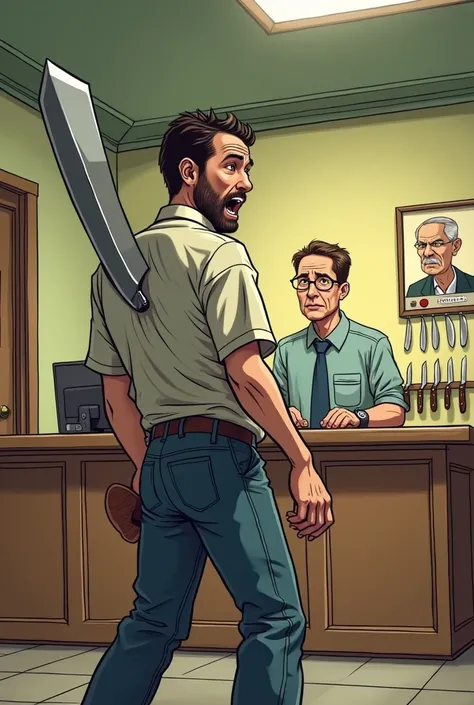 Draw a cartoon of a man with a big knife stuck in his back.

The handle of the knife looks protruding.

The man is standing in front of a reception desk behind him sits a clerk.

The clerkd face has a sly expression.

A row of knives is stuck on the recept...