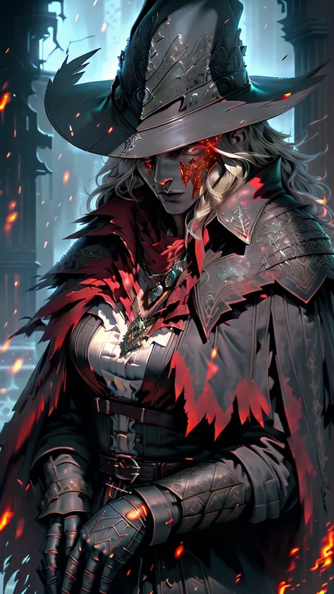  (highly detailed), (realistic), (cinematic lighting), beautiful female hunter, dark gothic hat with intricate feathers, red highlights, long flowing dark coat with ornate armor detailing, sharp piercing gaze, (red and black tones), glowing emblem necklace...