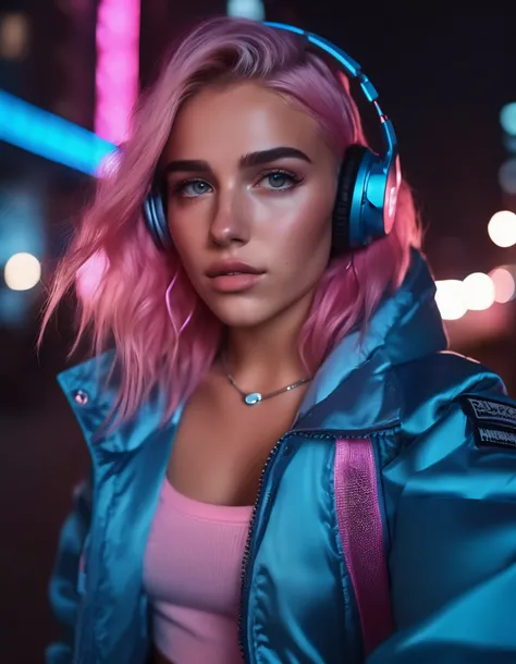 cinematic photo cyberpunk style Dua Lipa with pink hair in blue jacket, cyberpunk city night, with headset around neck, upper body, blush, sharp focus, HDR,  depth of field, makeup,  Light complexion, professional photography, 4k, highly detailed, 35mm pho...