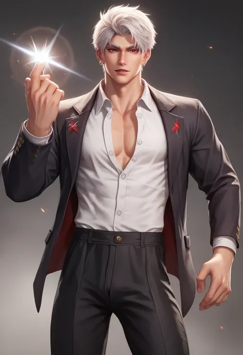 1 man, adult man, 30 years old man, solo, short hair, white hair,red eyes, long white eyelashes, silver jewelry, athletic build, silver ear piercing, pale skin sexy man, unbuttoned white shirt, black jacket, black pants, on the background of a homely atmos...