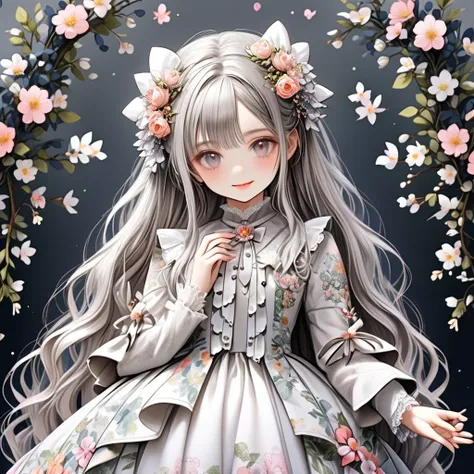 flower hair ornaments,{{アズライト dress}}, gray shadow dress,wide sleeves,floral print sleeves,Gothic lolita,white skirt,layered skirt,white sleeves，Curly long hair，a beauty girl，Fine hands，Fine fingers，(Best Quality)Fine details，There are a lot of flowers， sm...