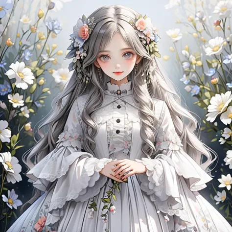 flower hair ornaments,{{アズライト dress}}, gray shadow dress,wide sleeves,floral print sleeves,Gothic lolita,white skirt,layered skirt,white sleeves，Curly long hair，a beauty girl，Fine hands，Fine fingers，(Best Quality)Fine details，There are a lot of flowers， sm...