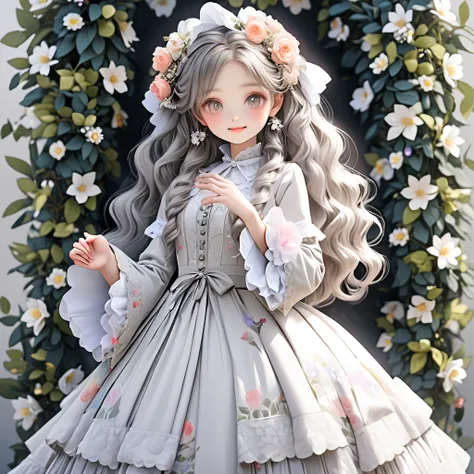 flower hair ornaments,{{アズライト dress}}, gray shadow dress,wide sleeves,floral print sleeves,Gothic lolita,white skirt,layered skirt,white sleeves，Curly long hair，a beauty girl，Fine hands，Fine fingers，(Best Quality)Fine details，There are a lot of flowers， sm...