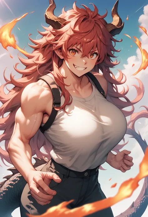 Score_9,Score_8_up,Score_7_up,source_anime,solo dragon girl,dragon tail,dragon horn,long hair,messy hair,gradation hair,red hair,(muscle),(large breast),detailed orange eyes,炎のオーラ,拳を握る,fire,grin,dynamic pose,cowboy shot