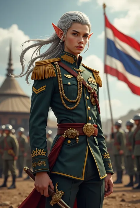 A striking and heroic scene featuring a young male elf with sharp, ethereal features and pointed ears, dressed in a Thai military cadet uniform inspired by the World War II era. His uniform is adorned with traditional insignias and intricate elven designs,...