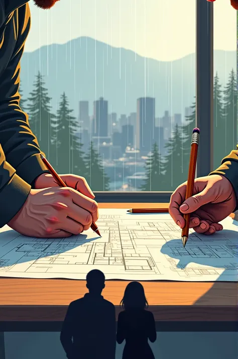  Illustration set in Vancouver .  The illustration must show a wooden work table with architectural plans and interior design sketches spread over it.  The hands of two people ,  one with a pencil and the other with a ruler ,  must be drawing lines that ar...