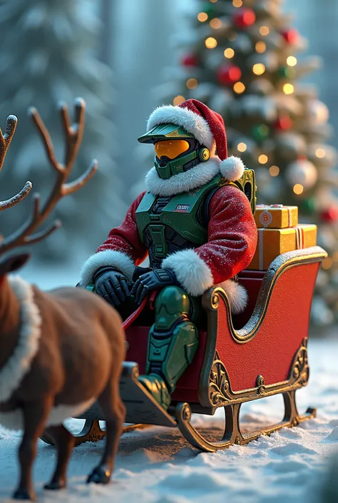 master chief as santa wearing santa in santas sleigh with reindeer with a Christmas background and a Christmas tree and presenets in the back of the sleigh full of bitcoin